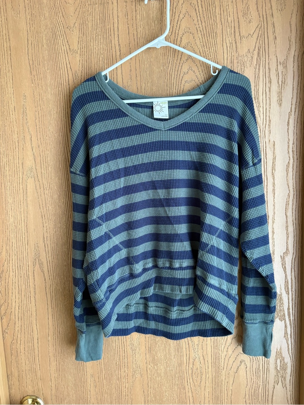 aerie Striped V-Neck Waffle-Knit Sweater in Blue and Green